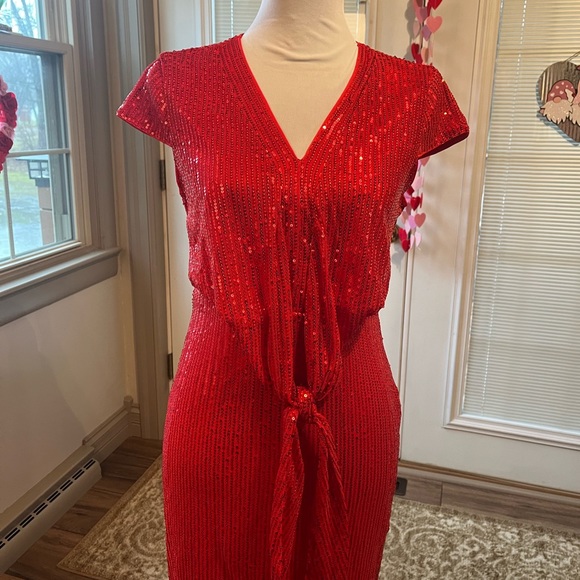 NWT Grace Karin Red Sequin Cap Sleeve V-Neck Tie Waist Bodycon Midi Dress - Picture 11 of 11